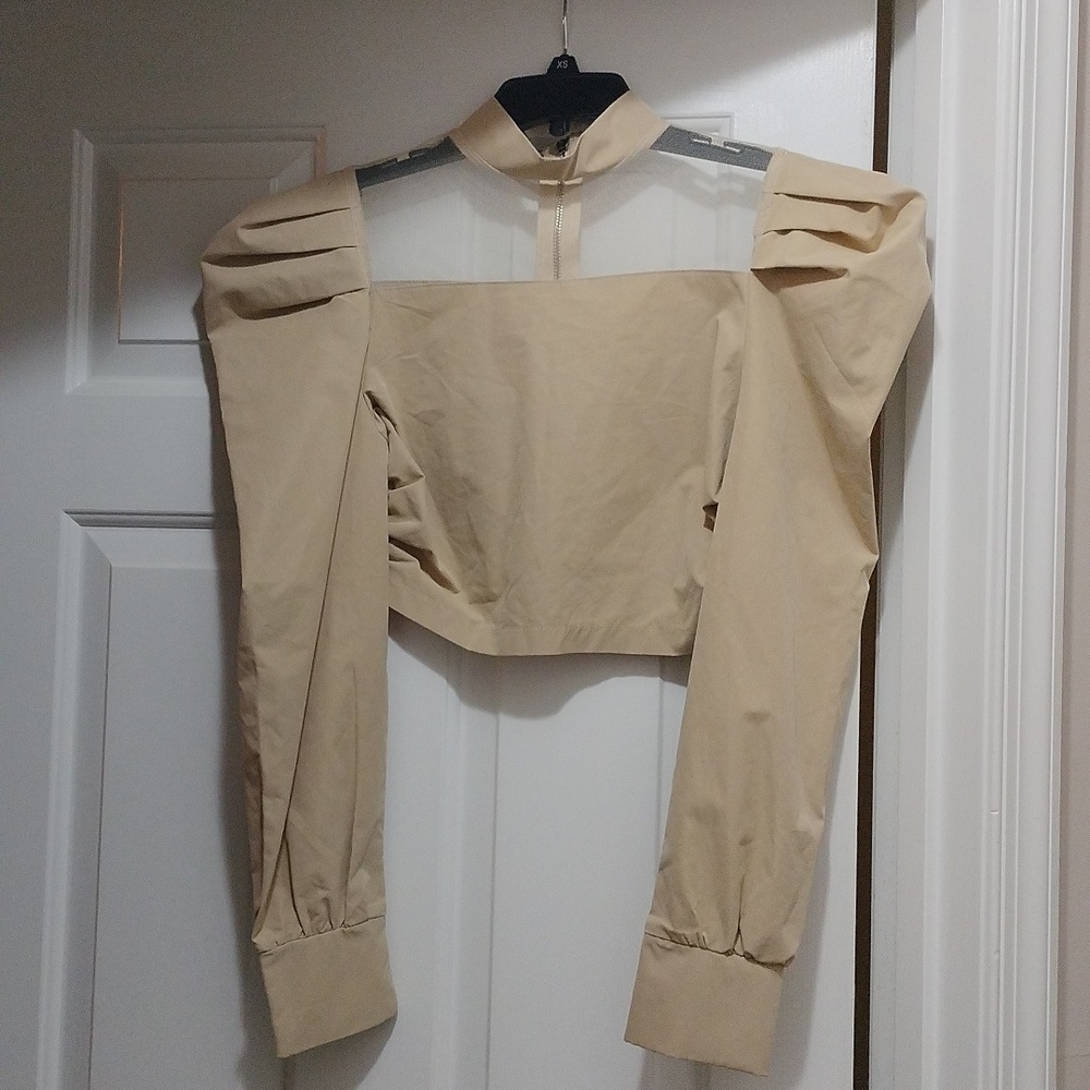 This is a beige square neck pleated long sleeve solid crop top with a sheer mesh